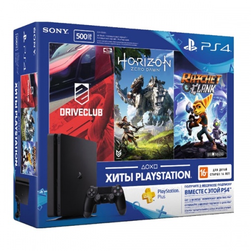 Sony PlayStation 4 500Gb Slim + Driveclub + Ratchet & Clank и Horizon Zero Dawn