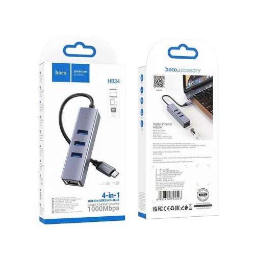 Сетевой адаптер + хаб Hoco HB34 USB Type-C 3.0 фото 5