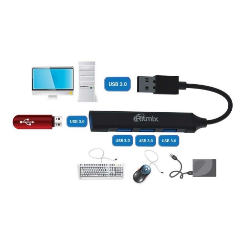 Разветвитель USB 3.0 Ritmix CR-4400 Metal фото 2