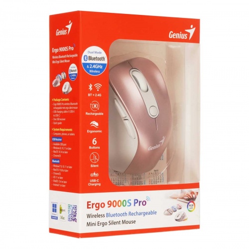 Мышь Genius Ergo 9000S Pro Silent USB / BT Wireless Pink фото 5
