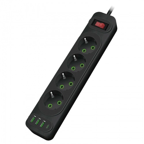 Сетевой фильтр Power-Socket 2 м, 4 розетки, 3 USB+1 Type-C, черный) фото 2 Сетевой фильтр Power-Socket 2 м, 4 розетки, 3 USB+1 Type-C, черный) фото 2