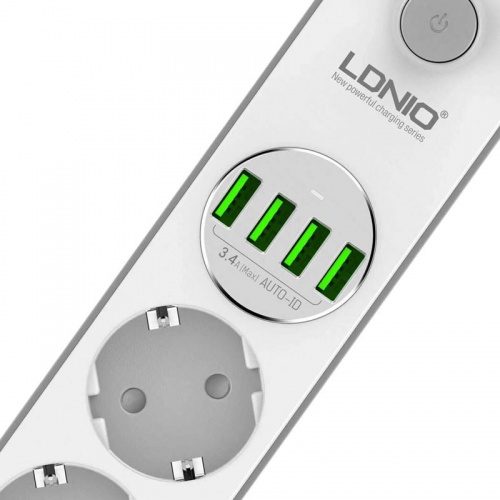 Сетевой фильтр LDNIO SC4438 (2 м, 4 розетки, 4 USB, белый) фото 3 Сетевой фильтр LDNIO SC4438 (2 м, 4 розетки, 4 USB, белый) фото 3